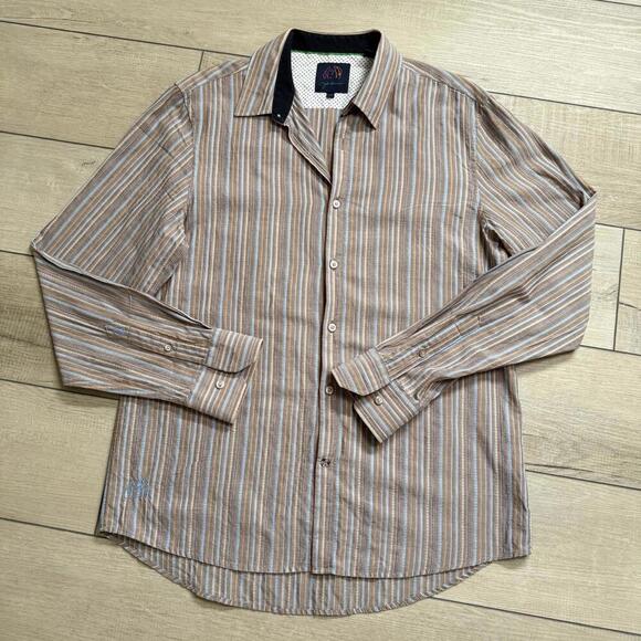 John Lennon Signature Striped Button-Up Shirt Mens L Multicolor Cotton Head Logo - Picture 8 of 9